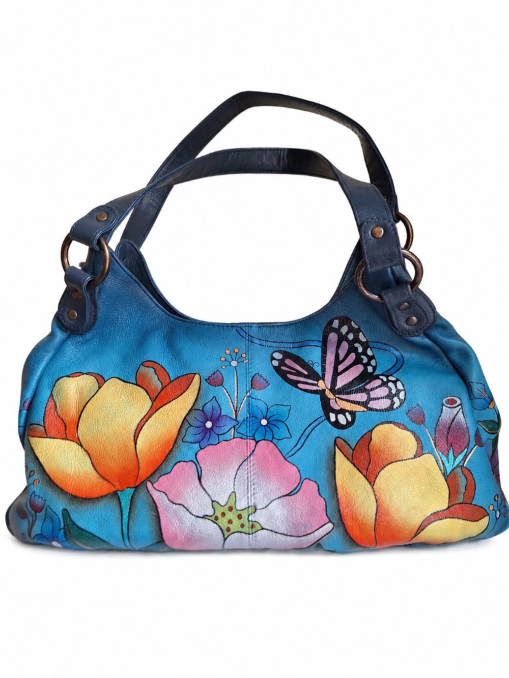 Anuschka Artsy Hand Painted Leather Hobo Floral Butterfly Blue Purse + Pouch